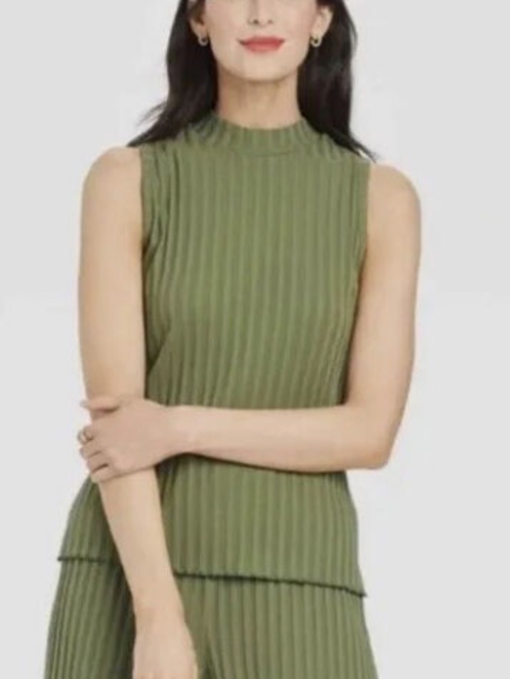 A New Day Olive Green Ribbed High Neck Sleeveless Tank Top Large